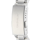 Silver watch clasp with TAGHeuer text.