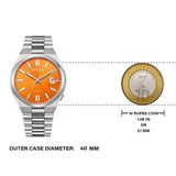 Citizen watch with orange dial and 10 Rupee coin comparison