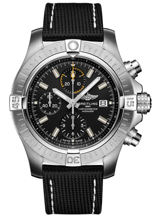Breitling Avenger Chronograph 45mm Black Dial Black Leather Strap Watch for Men - A13317101B1X1