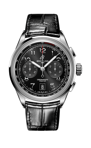 Breitling Premier B01 Chronograph 42 Black Dial Black Leather Strap Watch for Men - AB0145221B1P1