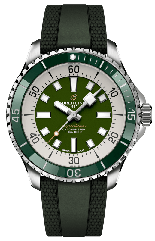Breitling Superocean Automatic 44 Green Dial Green Rubber Strap Watch for Men - A17376A31L1S1