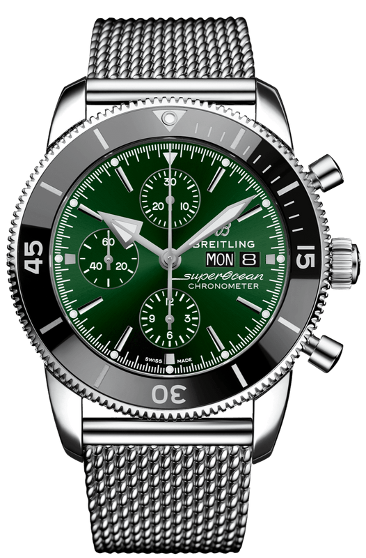 Breitling Superocean Heritage Chronograph 44 Green Dial Silver Mesh Bracelet Watch for Men - A13313121L1A1