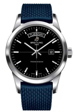 Breitling Transocean Day & Date 42mm Automatic Black Dial Blue Mesh Bracelet Mens Watch - A4531012/BB69/280S/ A20S.1