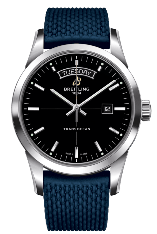 Breitling Transocean Day & Date 42mm Automatic Black Dial Blue Mesh Bracelet Mens Watch - A4531012/BB69/280S/ A20S.1