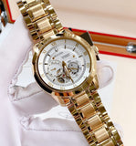 Bulova BVA Skeleton Silver Dial Gold Steel Strap Watch for Men - 97A108