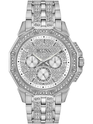 Bulova Crystal Collection Pave Silver Dial with Crystals Silver Steel Strap Watch for Men - 96C134