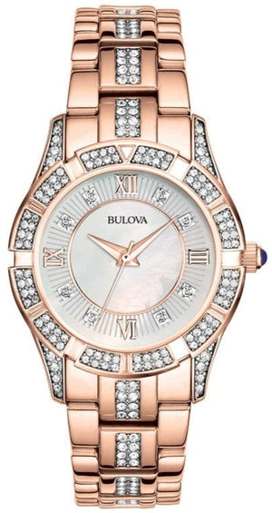 Bulova Crystal Mother of Pearl Dial Rose Gold Steel Strap Watch for Women - 98L197