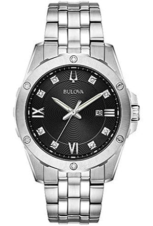 Bulova Diamond Accent Black Dial Silver Steel Strap Watch for Men - 96K106