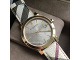 Burberry The City Gold Dial Haymarket Brown Leather Strap Watch for Women - BU9026