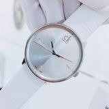 Calvin Klein Accent Silver Dial White Leather Strap Watch for Men - K2Y2X1KW