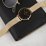 Daniel Wellington Classic Petite Black Dial Gold Mesh Bracelet Watch For Women - DW00100347