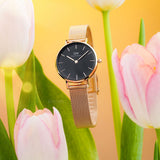 Daniel Wellington Classic Petite Melrose Black Dial Rose Gold Mesh Bracelet Watch For Women - DW00100217