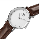 Daniel Wellington Classy Bristol White Dial Brown Leather Strap Watch For Women - DW00100070