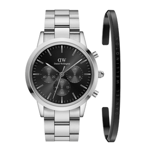 Daniel Wellington Iconic Chronograph Link Black Dial Silver Steel Strap Watch For Men  - DW00100645
