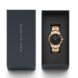 Daniel Wellington Iconic Link Black Dial Rose Gold Steel Strap Watch For Men - DW00100344