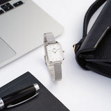 Daniel Wellington Quadro Sterling White Dial Silver Mesh Strap Watch For Women - DW00100438