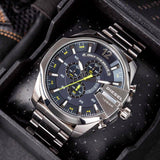 Diesel Mega Chief Chronograph Blue Dial Silver Steel Strap Watch For Men - DZ4465