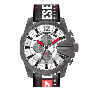 Diesel Mega Chief Chronograph Silver Dial Black Leather Strap Watch For Men - DZ4512