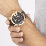 Diesel Mega Chief Gold & Black Dial Black Leather Strap Watch For Men - DZ4344