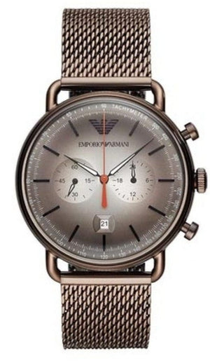 Emporio Armani Aviator Chronograph Grey Dial Brown Mesh Bracelet Watch For Men - AR11169