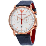 Emporio Armani Aviator Silver Dial Blue Leather Strap Watch For Men - AR11123