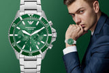 Emporio Armani Diver Chronograph Green Dial Silver Steel Strap Watch For Men - AR11500