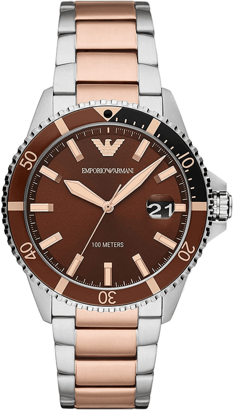Emporio Armani Diver Quartz Brown Dial Two Tone Steel Strap Watch For Men - AR11340