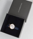 Emporio Armani Gianni T-Bar Analog Mother of Pearl Dial Blue Leather Strap Watch For Women - AR11468