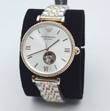 Emporio Armani Gianni T-Bar Analog White Dial Two Tone Steel Strap Watch For Women - AR60019