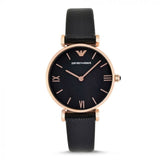 Emporio Armani Gianni T Bar Black Mother of Pearl Dial Black Leather Strap Watch For Women - AR11060