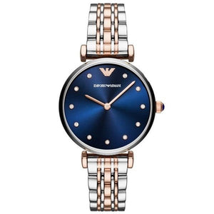 Emporio Armani Gianni T Bar Crystal Blue Dial Two Tone Steel Strap Watch For Women - AR11092