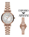 Emporio Armani Gianni T-Bar Crystals Silver Dial Rose Gold Steel Strap Watch For Women - AR11446