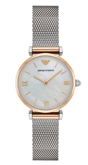 Emporio Armani Gianni T Bar Mother of Pearl Dial Silver Mesh Bracelet Watch For Women - AR2068