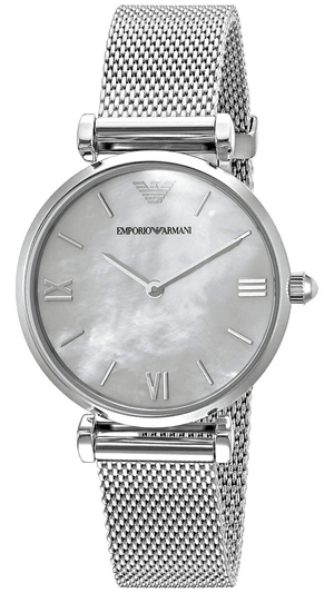 Emporio Armani Gianni T Bar Mother of Pearl Dial Silver Steel Strap Watch For Women - AR1955