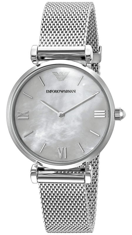 Emporio Armani Gianni T Bar Mother of Pearl Dial Silver Steel Strap Watch For Women - AR1955