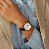Emporio Armani Gianni T Bar Mother of Pearl White Dial Black Leather Strap Watch For Women - AR60047