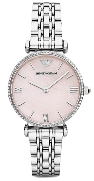 Emporio Armani Gianni T Bar Pink Mother of Pearl Dial Silver Steel Strap Watch For Women - AR1779