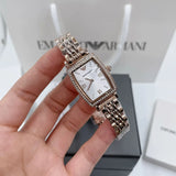 Emporio Armani Gianni T Bar Quartz Crystals White Dial Rose Gold Steel Strap Watch For Women - AR11406