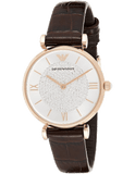Emporio Armani Gianni T-Bar Silver Dial Brown Leather Strap Watch For Women - AR11269
