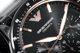 Emporio Armani Mario Ceramic Chronograph Black Dial Black Steel Strap Watch For Men - AR70002