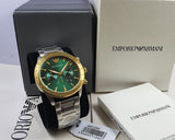Emporio Armani Mario Chronograph Green Dial Silver Steel Strap Watch For Men - AR11454