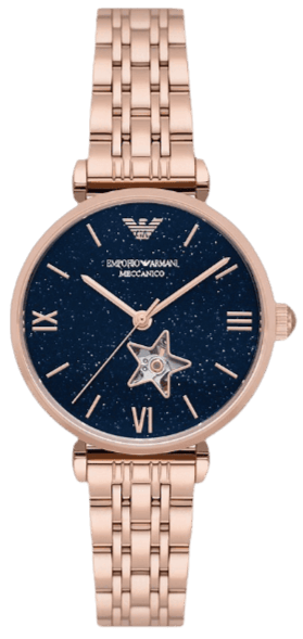 Emporio Armani Meccanico Crystals Black Dial Rose Gold Steel Strap Watch For Women - AR60043