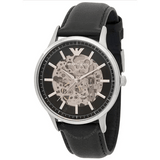 Emporio Armani Meccanico Skeleton Automatic Black Dial Black Leather Strap Watch for Men - AR60038