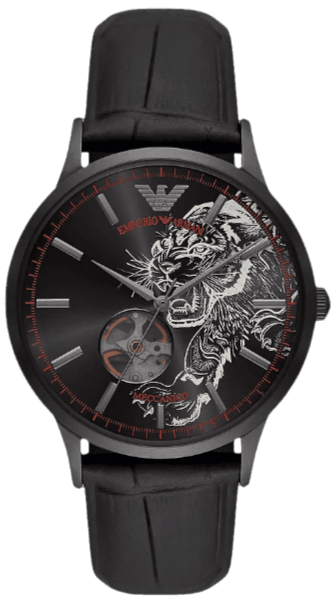 Emporio Armani Meccanico Skeleton Black Dial Black Leather Strap Watch For Men - AR60046