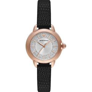 Emporio Armani Mia Three Hand Crystals Silver Dial Black Leather Strap Watch For Women - AR11631