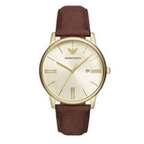 Emporio Armani Minimalist Quartz Gold Dial Brown Leather Strap Watch for Men - AR11610