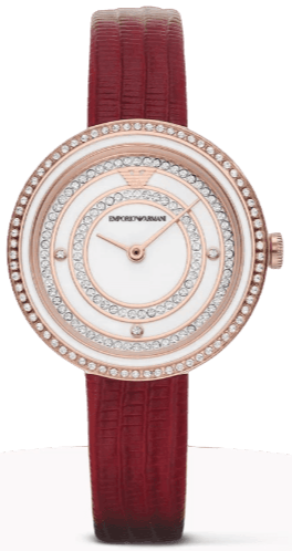 Emporio Armani Two-Hand Analog White Dial Red Leather Strap Watch For Women - AR11532