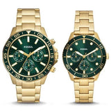 Fossil Bannon Multifunction Chronograph Green Dial Gold Steel Strap Watch for Men - BQ2493