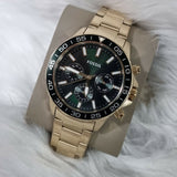Fossil Bannon Multifunction Chronograph Green Dial Gold Steel Strap Watch for Men - BQ2493