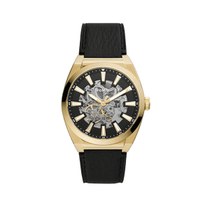 Fossil Everett Automatic Skeleton Black Dial Black Leather Strap Watch for Men - ME3208